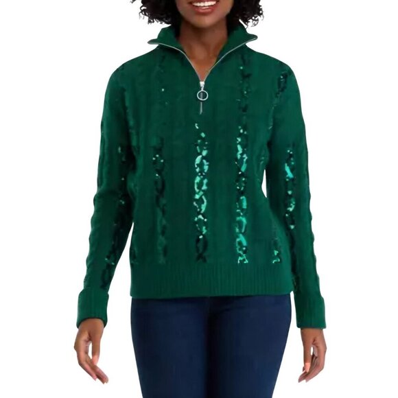 Crown & Ivy NWT Green Sequined CableKnit 1/4 Zip Sweater Size XL - Picture 1 of 7